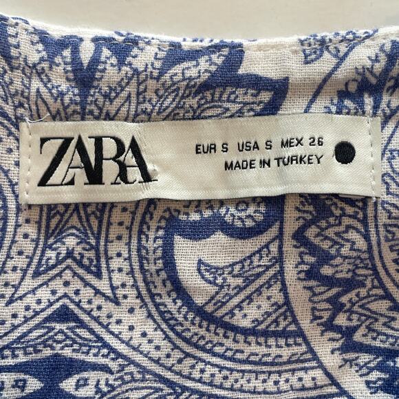 Zara Paisley Fit and Flare Dress Womens Small Blue White Sweetheart Neck Mini - Picture 6 of 9